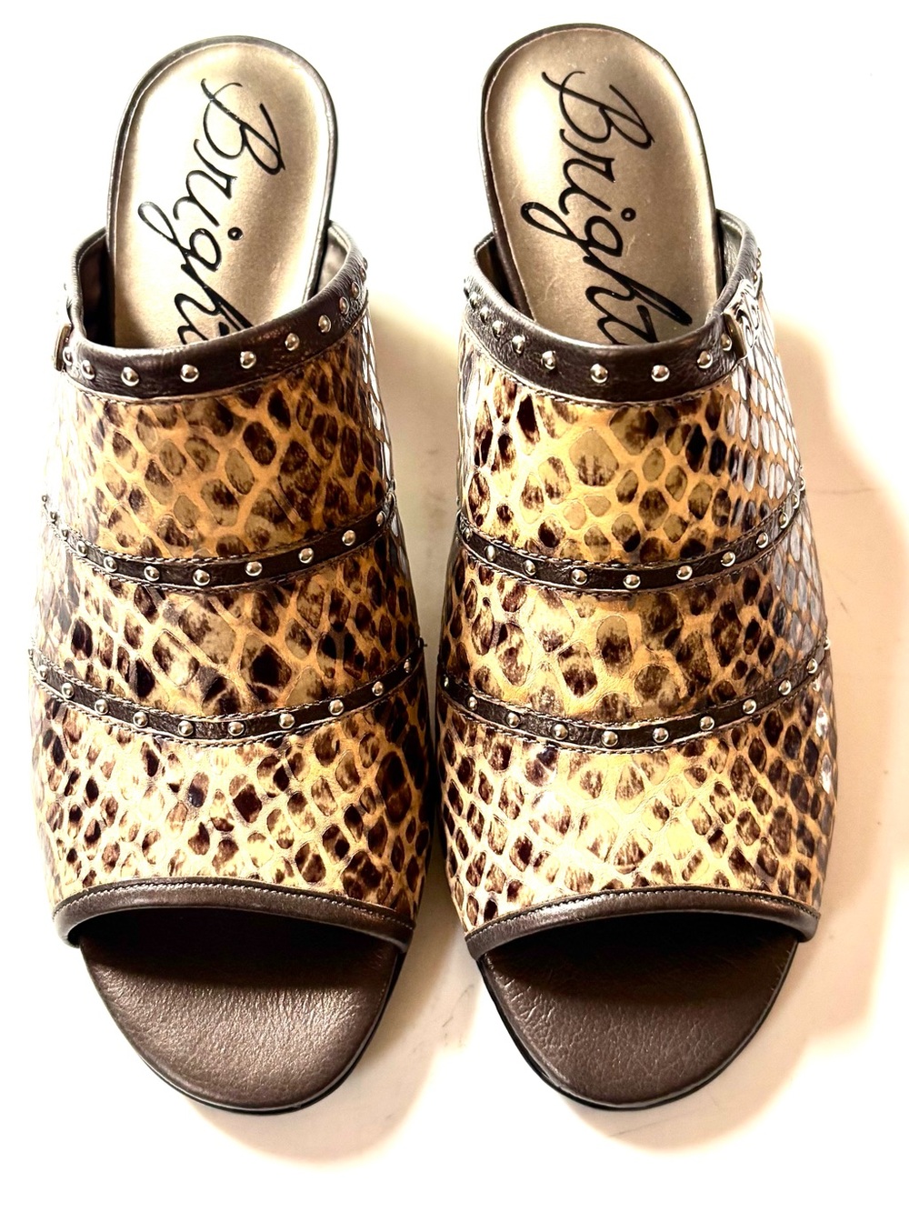 Brighton peep-toe mules snakeskin nappa leather silver rivets never worn Sz 7.5